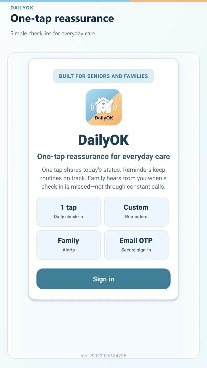 A clear, reassuring start shown in the DailyOK Android app