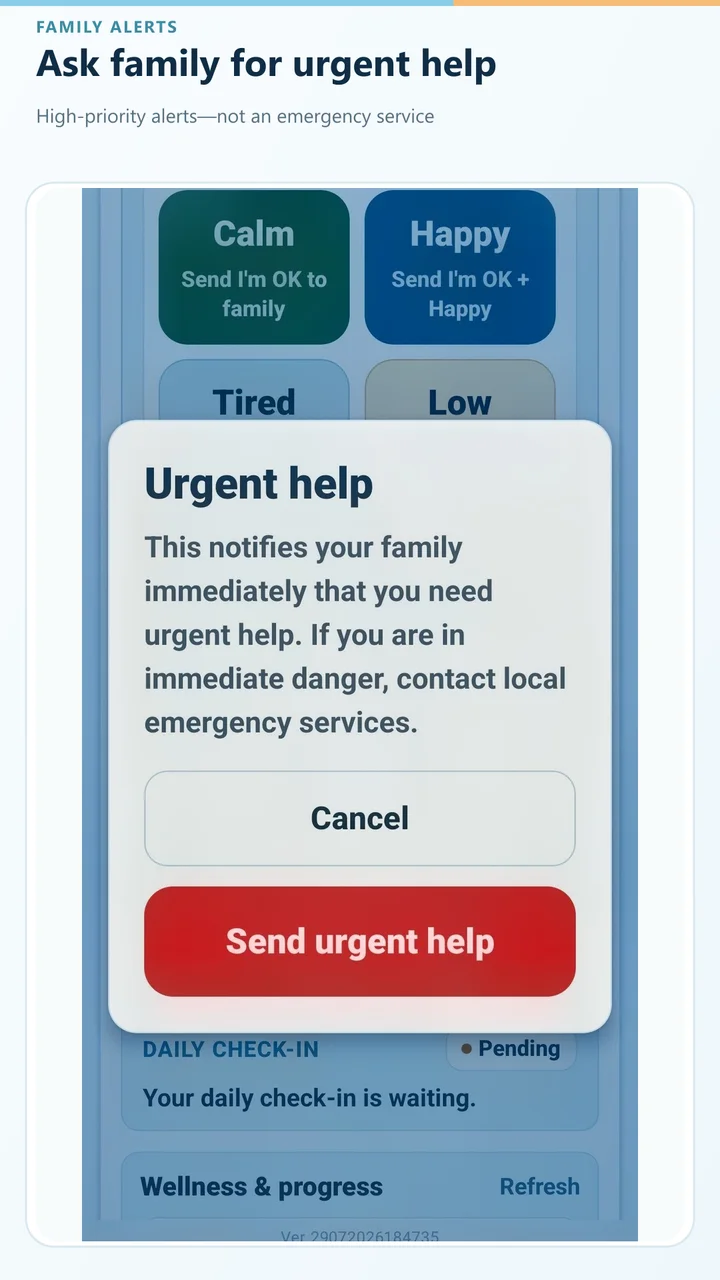 Ask family for urgent help shown in the DailyOK Android app